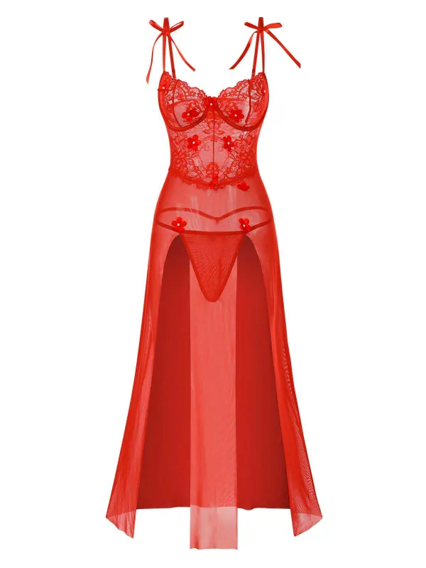 Red 1950s Spaghetti Strap Lace 3D Flower Nightgown sold by Retro Stage