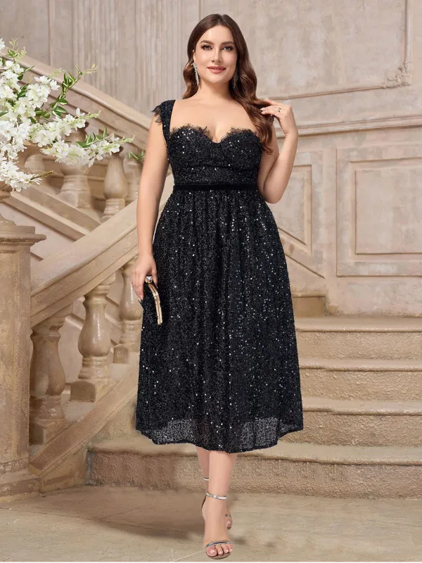 [Plus Size] Black 1940s Sequined Lace Sweetheart Neck Dress sold by Retro Stage