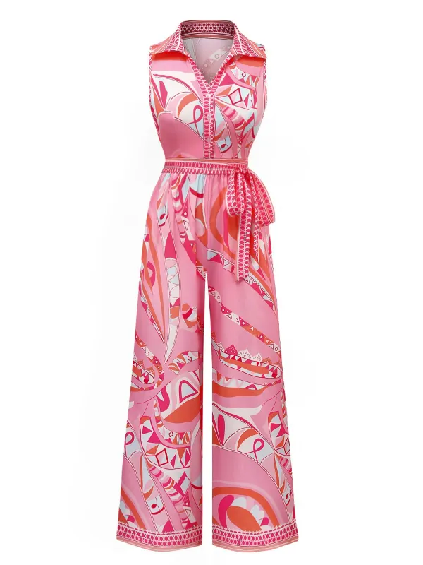 Pink 1930s Lapel Belted Boho Jumpsuit sold by Retro Stage