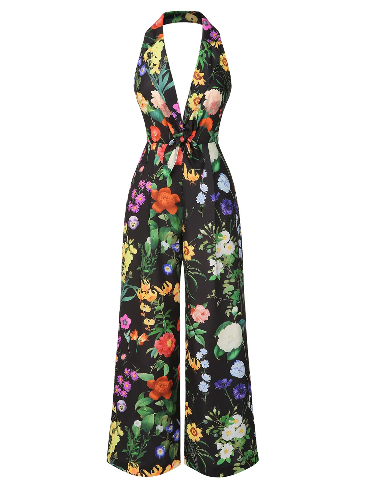 Black 1930s Floral V-Neck Halter Jumpsuit sold by Retro Stage product image thumbnail 3