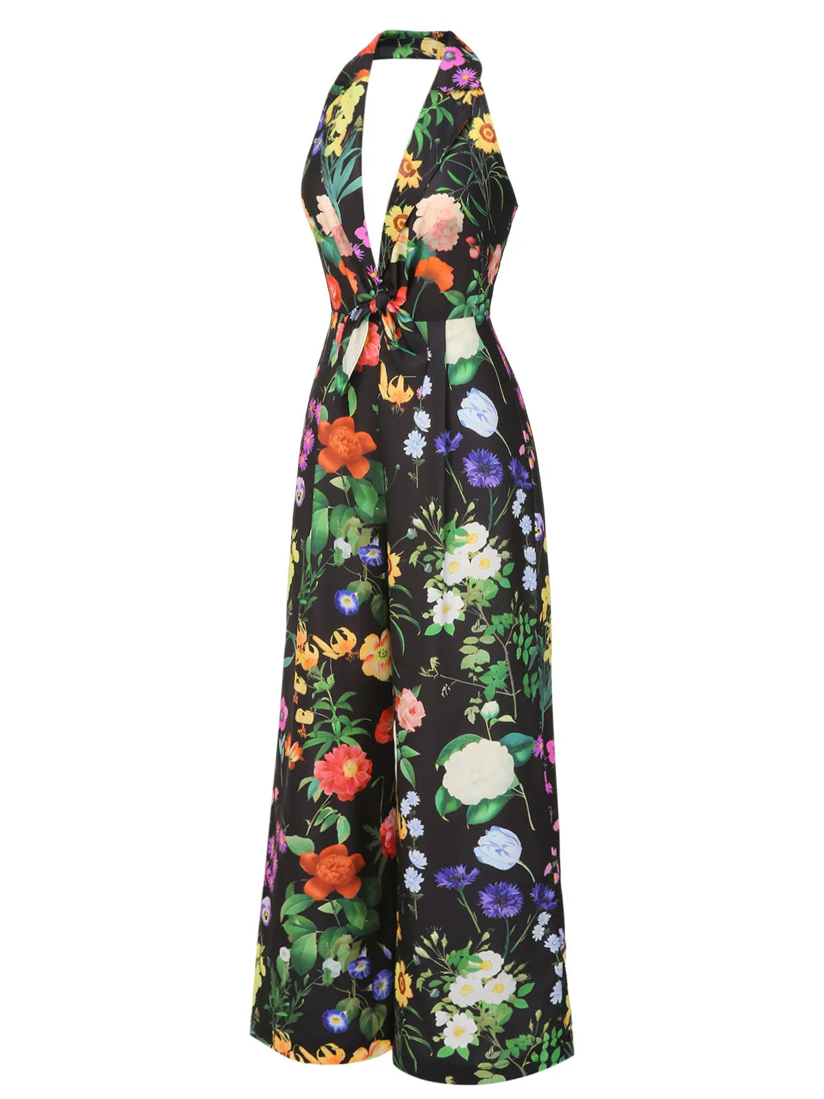 Black 1930s Floral V-Neck Halter Jumpsuit sold by Retro Stage product image thumbnail 4