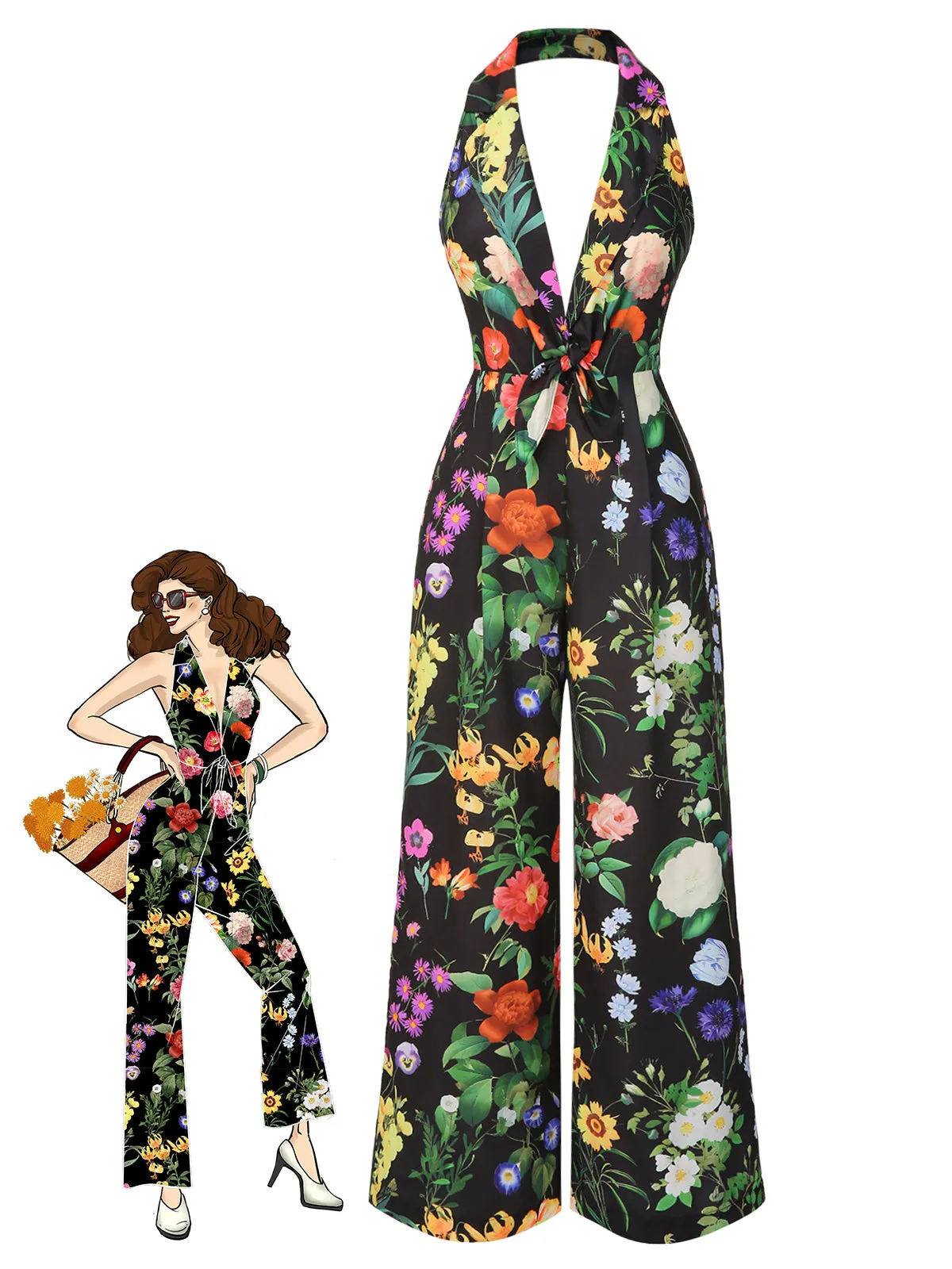 Black 1930s Floral V-Neck Halter Jumpsuit sold by Retro Stage