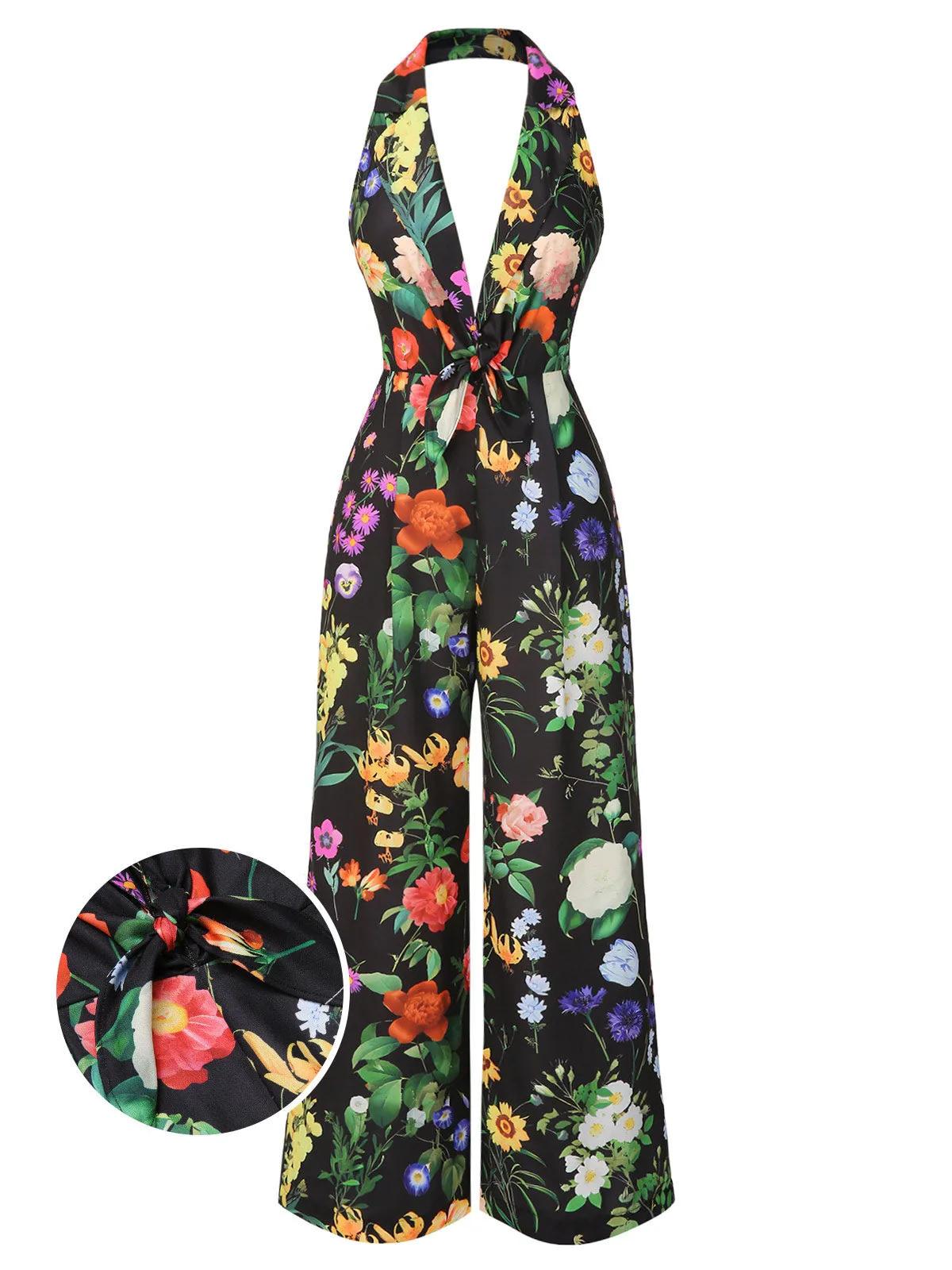 Black 1930s Floral V-Neck Halter Jumpsuit sold by Retro Stage product image thumbnail 2
