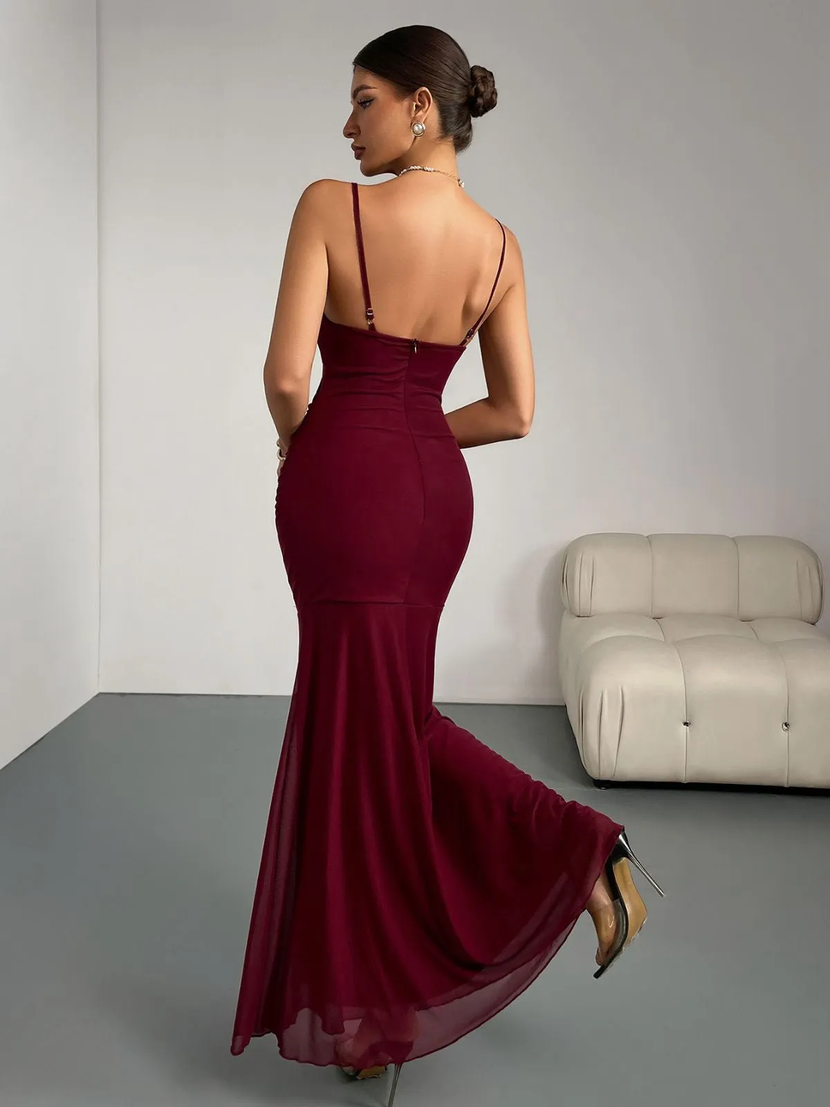 Wine Red 1930s 3D Floral Ruched Fishtail Dress sold by Retro Stage product image thumbnail 2