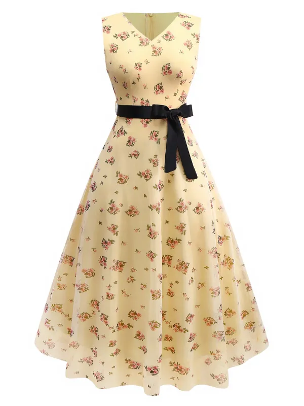 Yellow 1930s Ditsy Floral Mesh Sleeveless Ribbon Dress sold by Retro Stage