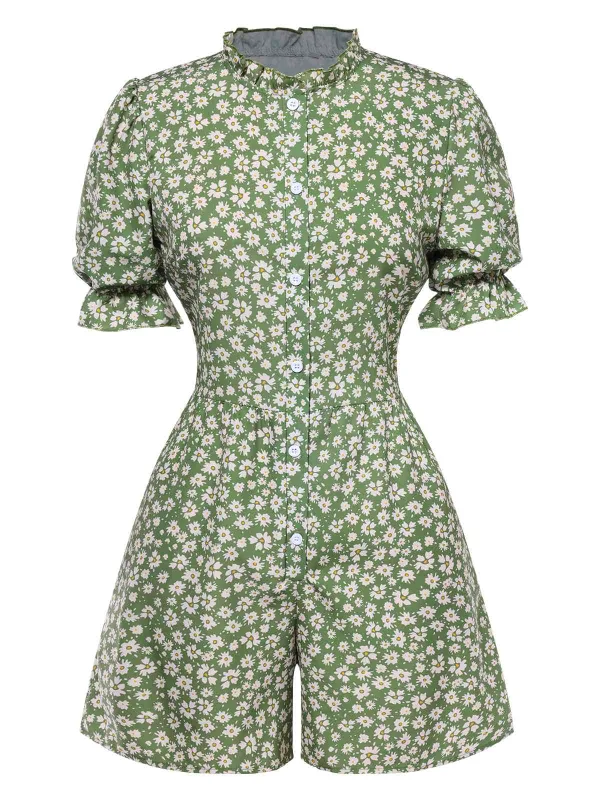 1940s Daisy Pleats Collar Puff Sleeves Romper sold by Retro Stage