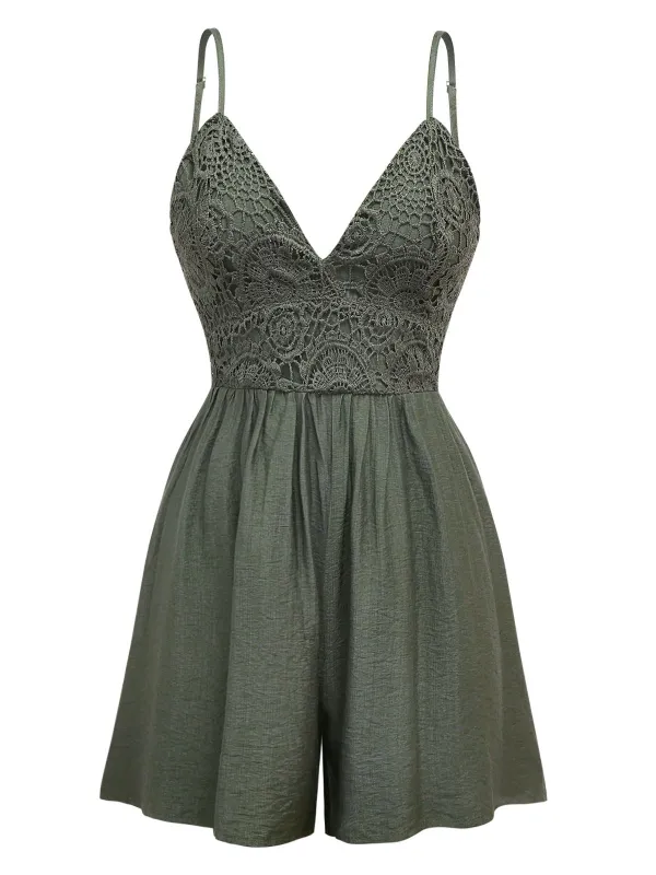 Dark Green 1950s Embroidery Patchwork Smocked Romper sold by Retro Stage