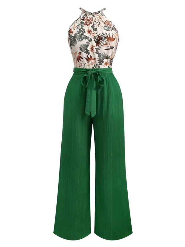 2PCS Green 1950s Tropical Plants Halter Top & Textured Pants sold by Retro Stage