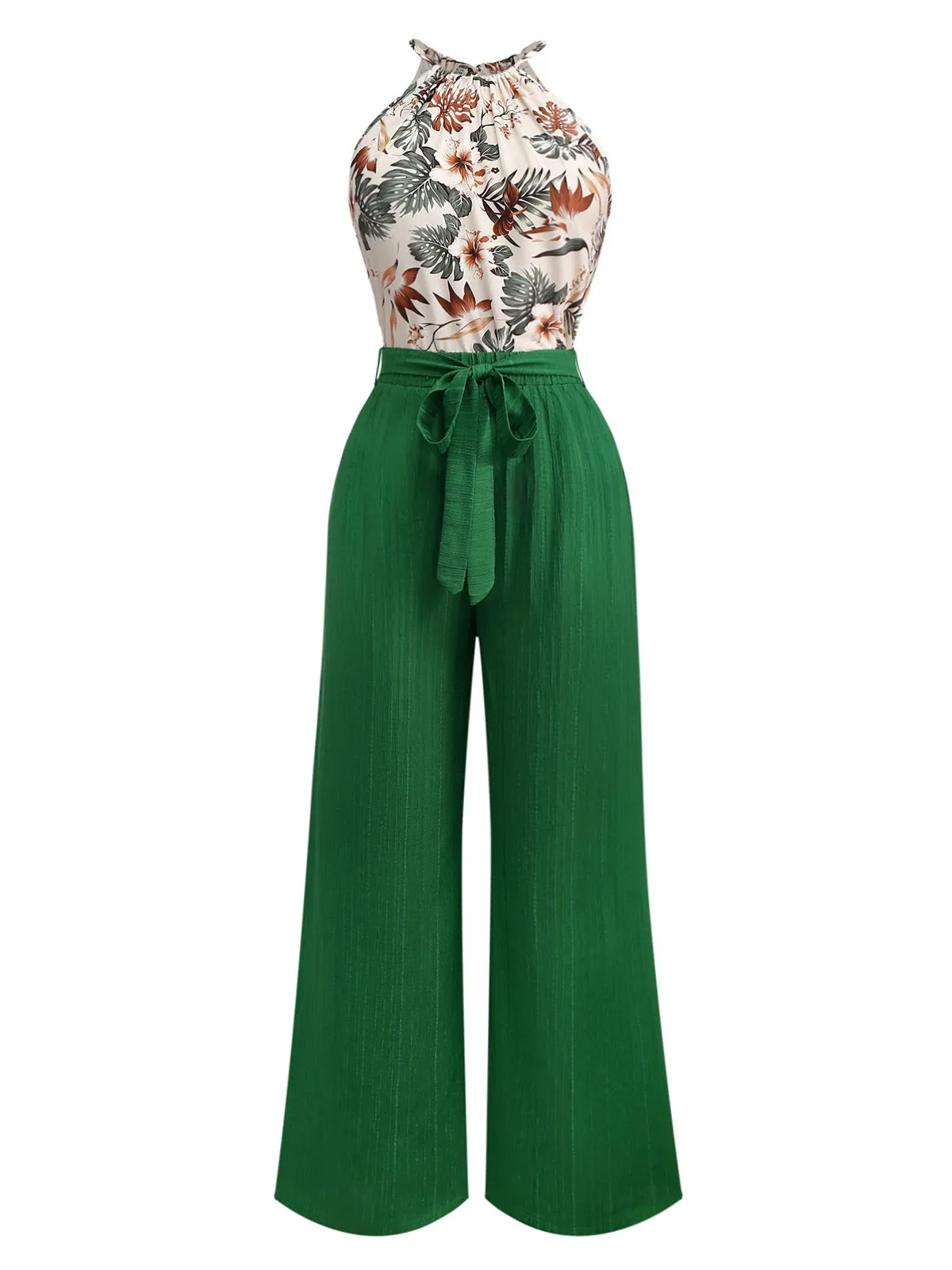 2PCS Green 1950s Tropical Plants Halter Top & Textured Pants sold by Retro Stage
