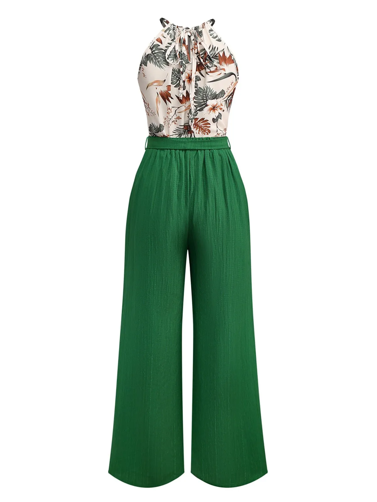 2PCS Green 1950s Tropical Plants Halter Top & Textured Pants sold by Retro Stage product image thumbnail 2