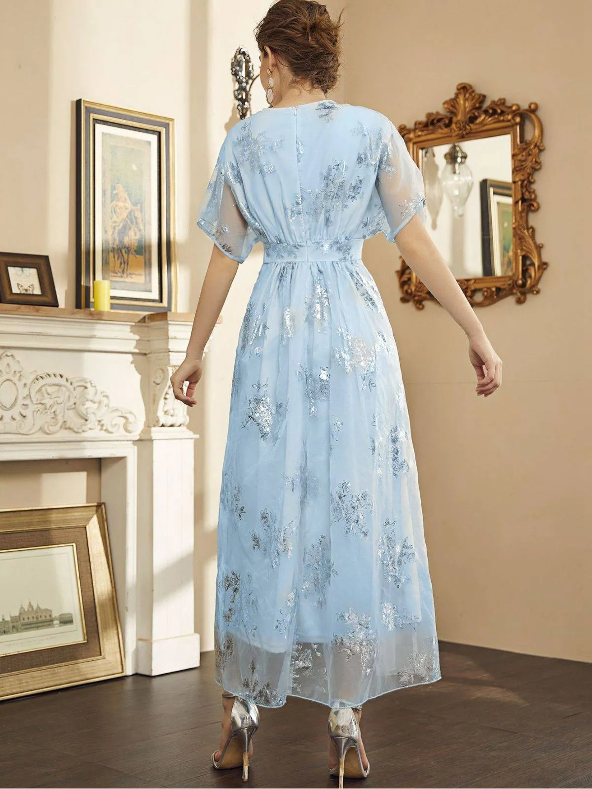 Light Blue 1940s Foil Stamping Mesh Patchwork Dress sold by Retro Stage product image thumbnail 3
