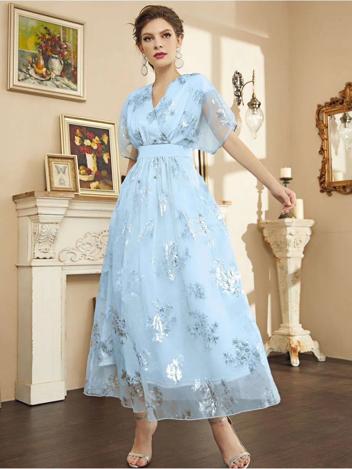 Light Blue 1940s Foil Stamping Mesh Patchwork Dress sold by Retro Stage product image thumbnail 4