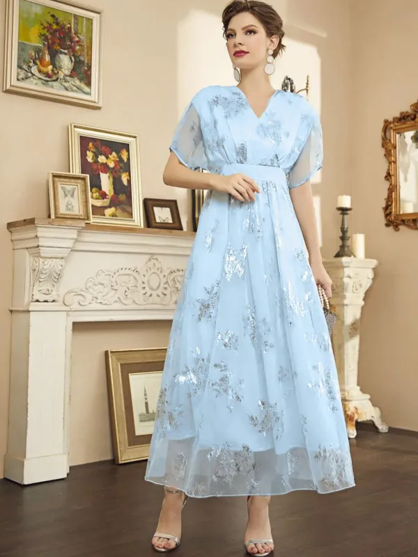Light Blue 1940s Foil Stamping Mesh Patchwork Dress sold by Retro Stage