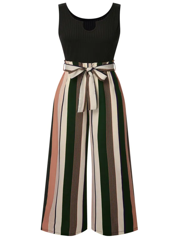 [Plus Size] Black 1950s Stripes Knitted Belted Jumpsuit sold by Retro Stage