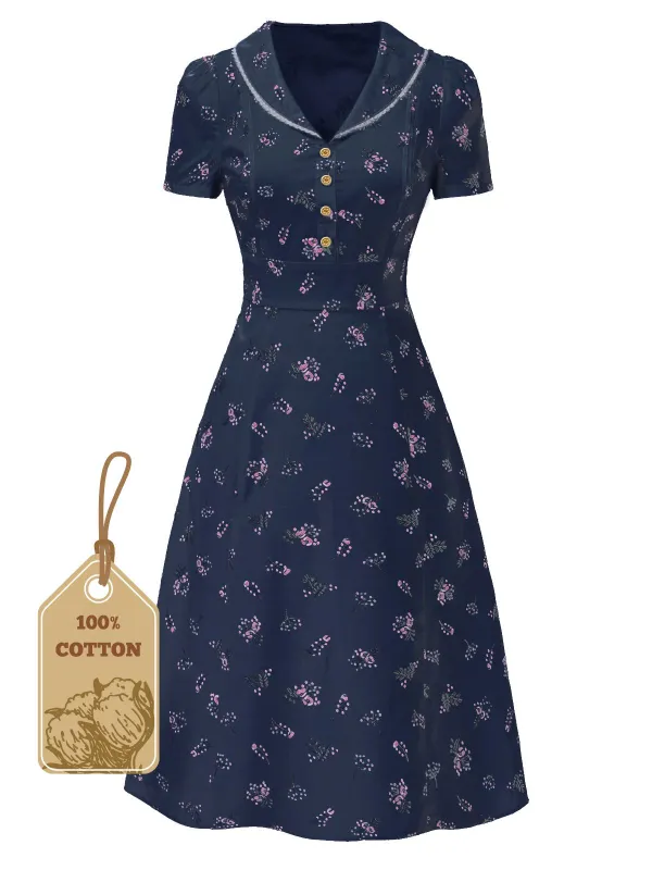 Pure Cotton Blue 1940s Puff Sleeves Floral Dress sold by Retro Stage