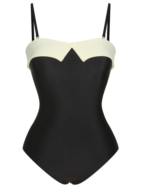 Black White 1950s Solid Bandeau Swimsuit sold by Retro Stage