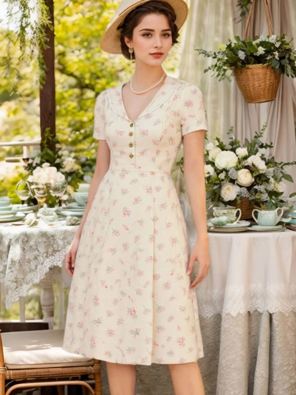 Pure Cotton Beige 1940s Puff Sleeves Floral Dress sold by Retro Stage product image thumbnail 4