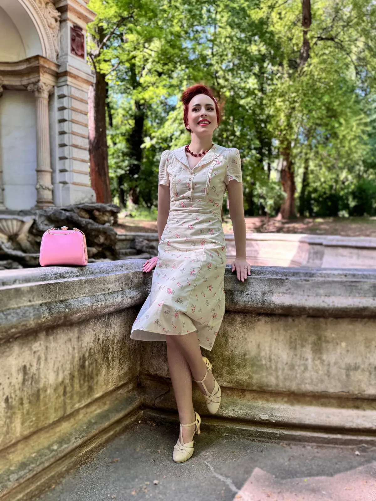 Pure Cotton Beige 1940s Puff Sleeves Floral Dress sold by Retro Stage