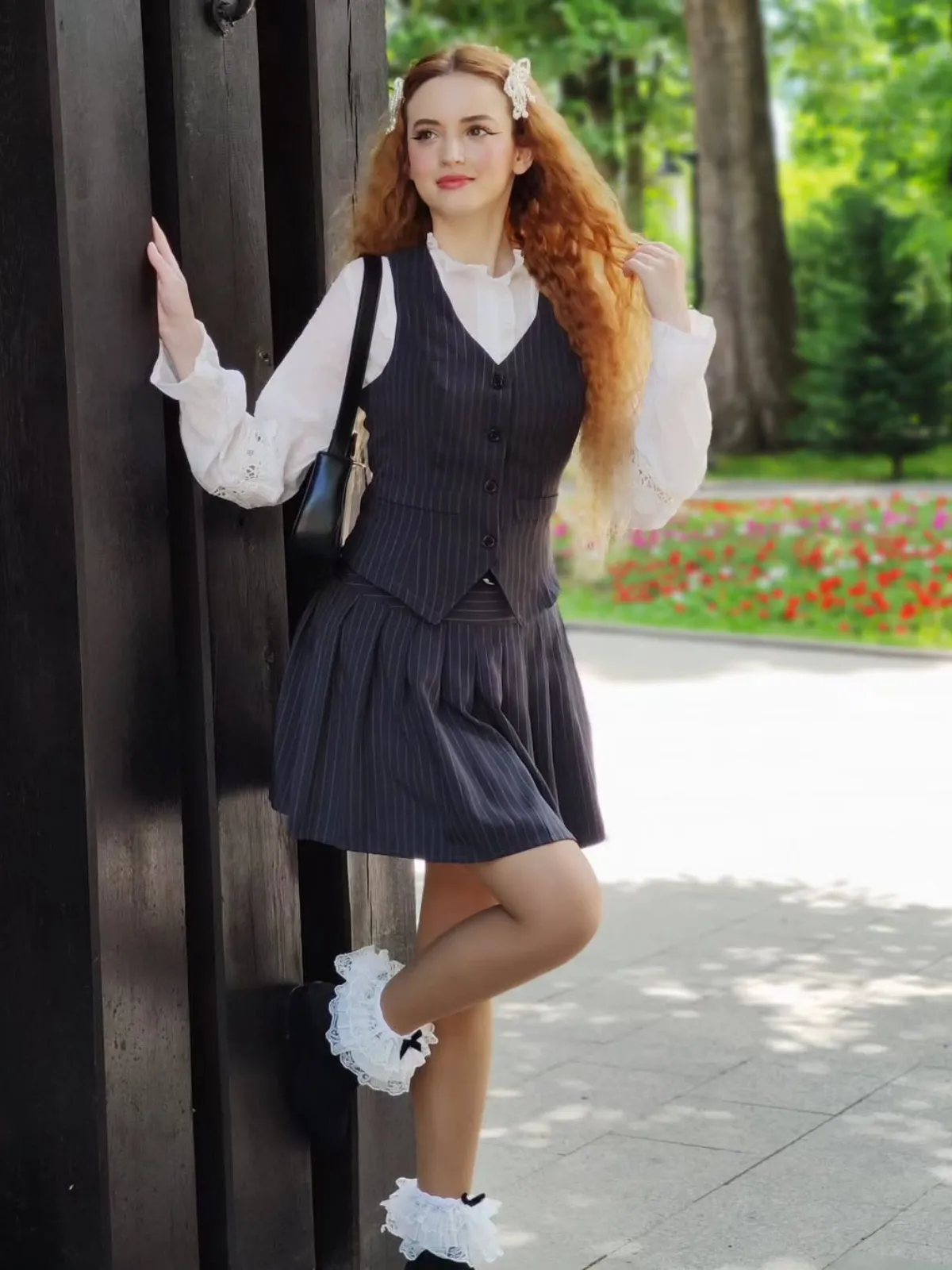 2PCS Dark Gray 1960s Pinstripes Top & Pleated Skirt sold by Retro Stage