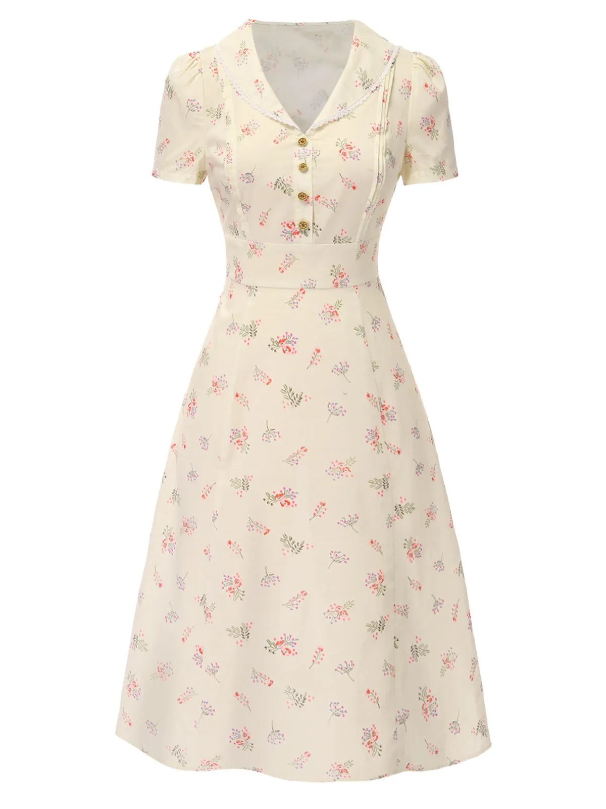 Pure Cotton Beige 1940s Puff Sleeves Floral Dress sold by Retro Stage product image thumbnail 5