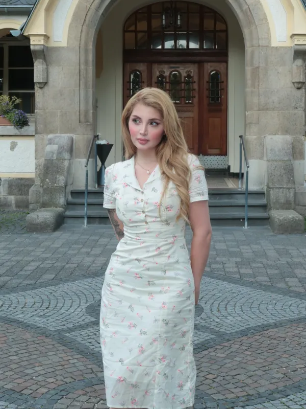 Pure Cotton Beige 1940s Puff Sleeves Floral Dress sold by Retro Stage