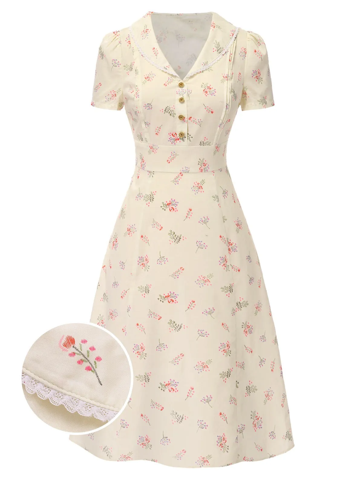 Pure Cotton Beige 1940s Puff Sleeves Floral Dress sold by Retro Stage product image thumbnail 3