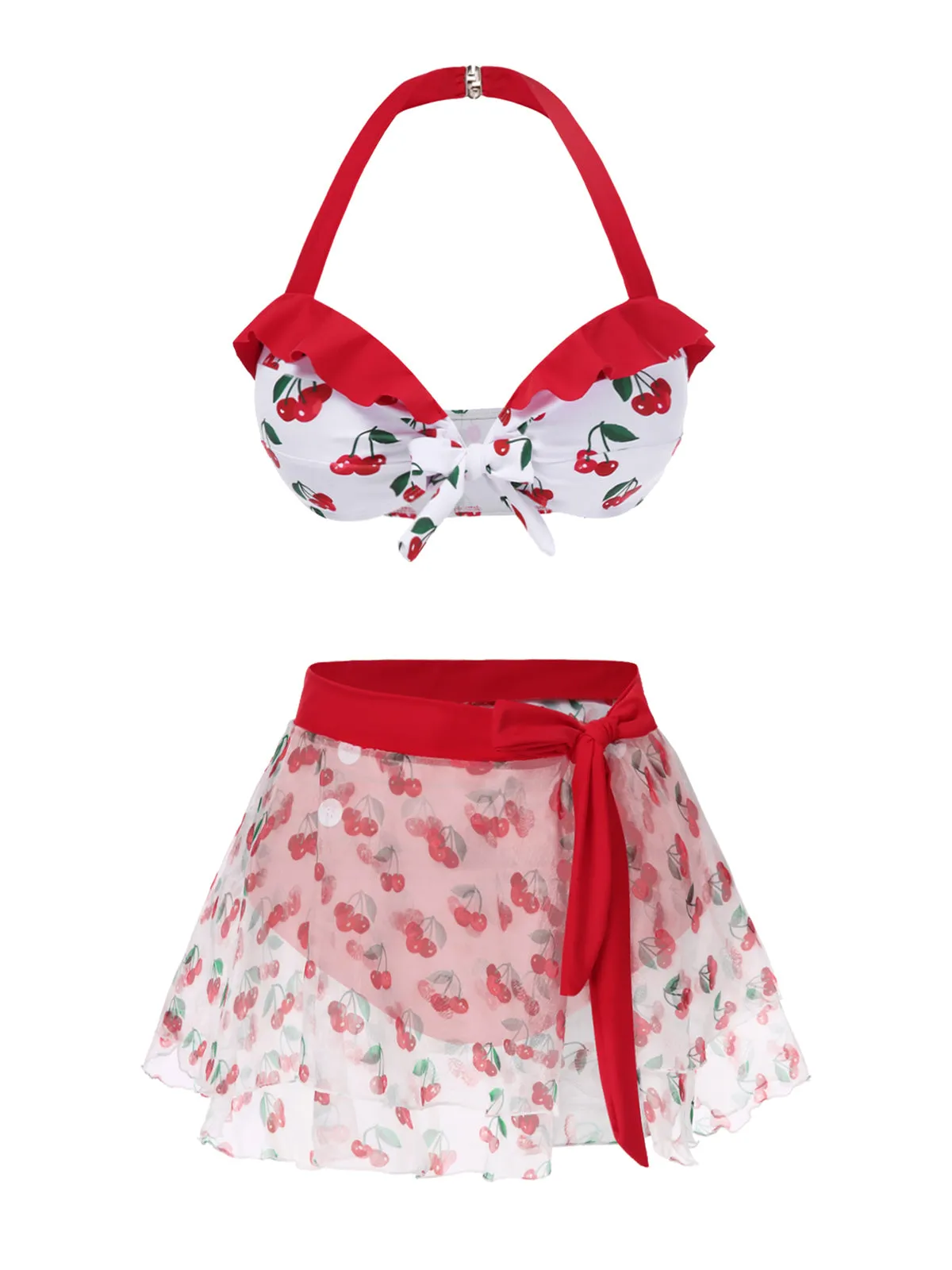 2PCS Red 1950s Cherry Bikini & Tie-Waist Cover up sold by Retro Stage product image thumbnail 4