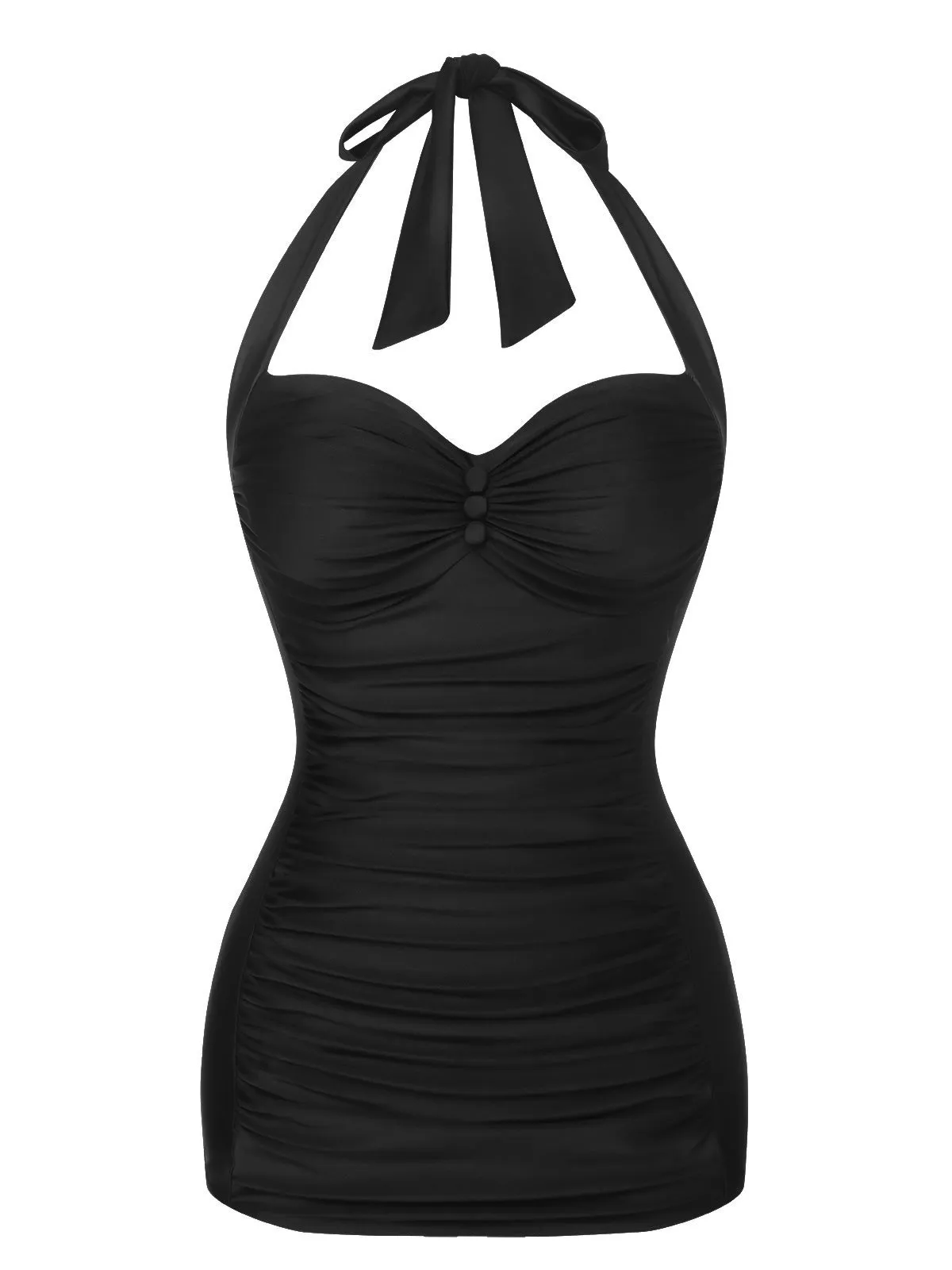 Black 1950s Solid Gathered Halter Swimsuit sold by Retro Stage product image thumbnail 2