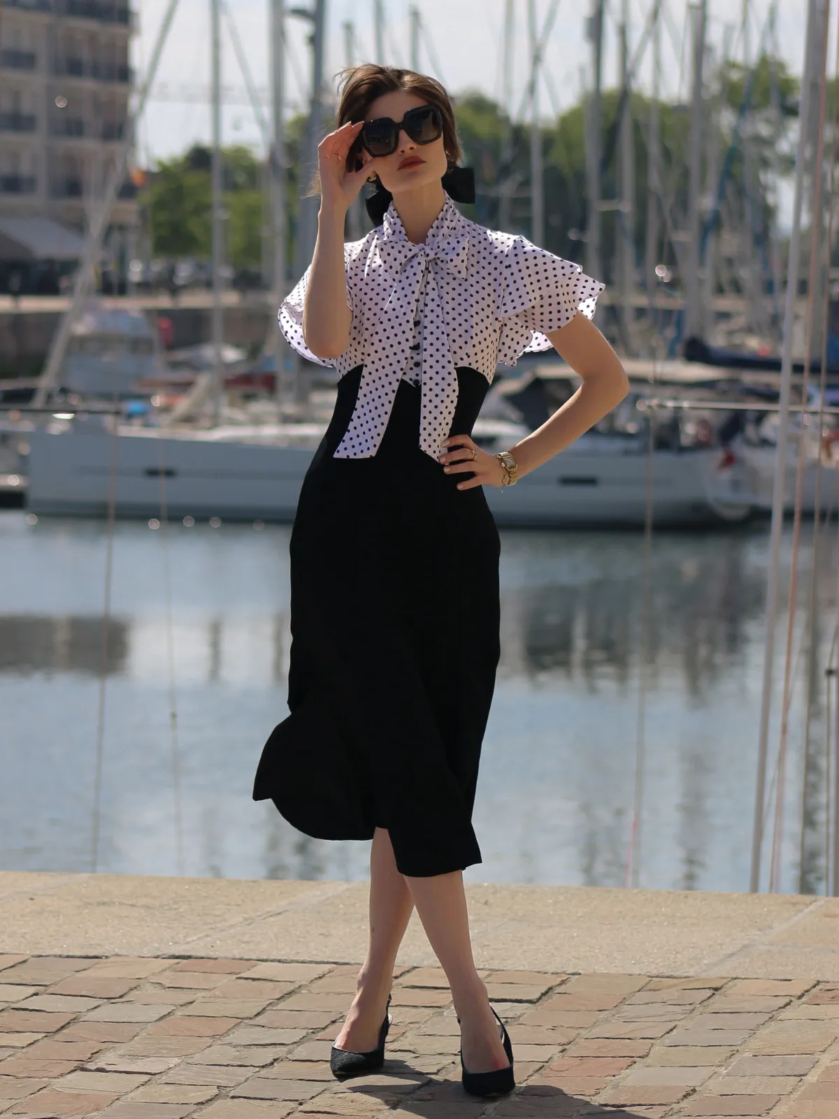 Black 1930s Dots Tie Neck Mermaid Dress sold by Retro Stage