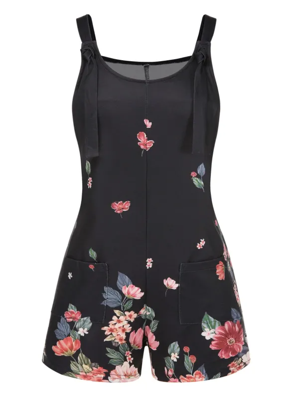 Black 1950s Adjustable Straps Floral Romper sold by Retro Stage