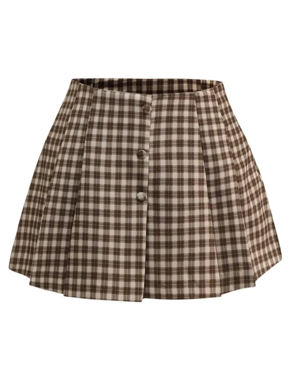 Brown 1960s Gingham Plaid Pleated Skirt sold by Retro Stage