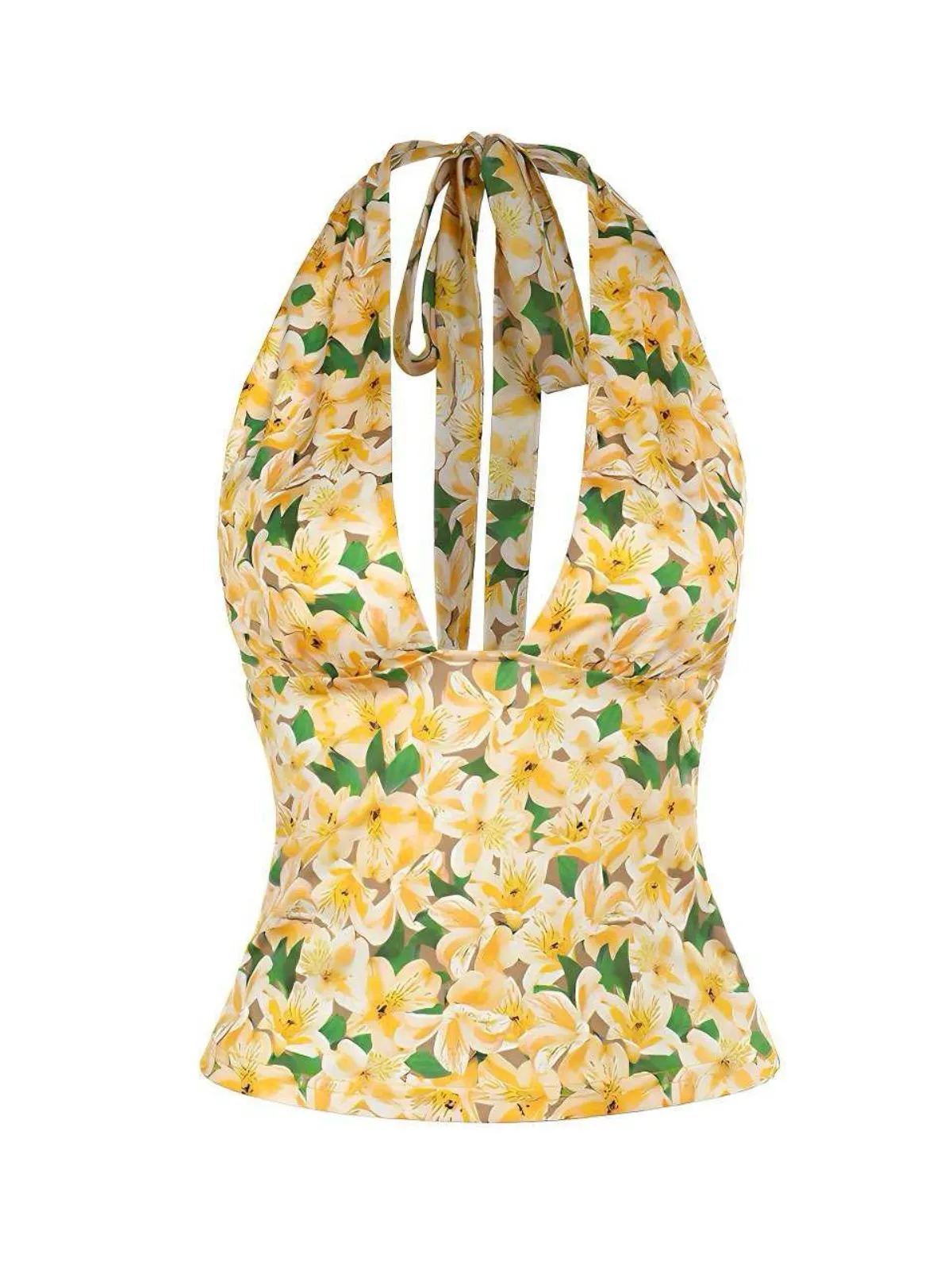 Yellow 1950s Halter Deep V-Neck Lily Top sold by Retro Stage