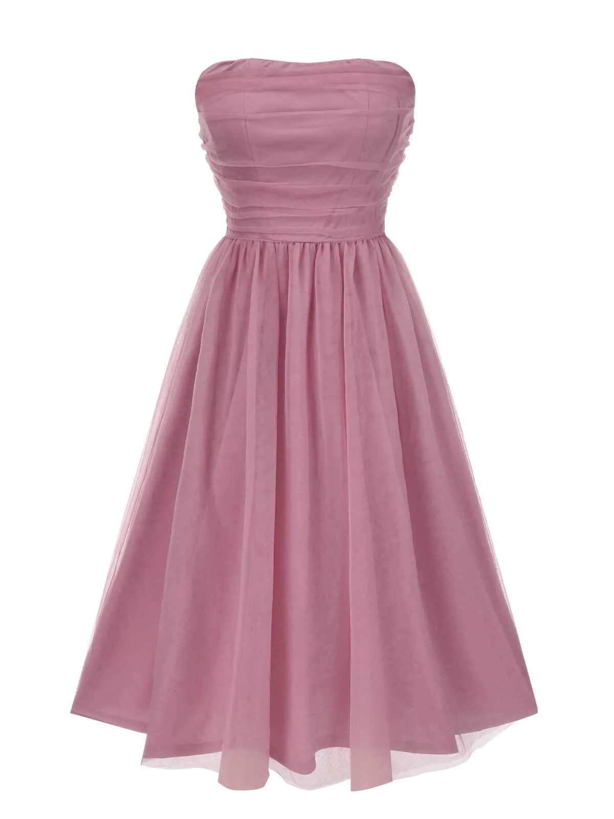 1950s Strapless Ruched Mesh Sleeveless Dress sold by Retro Stage