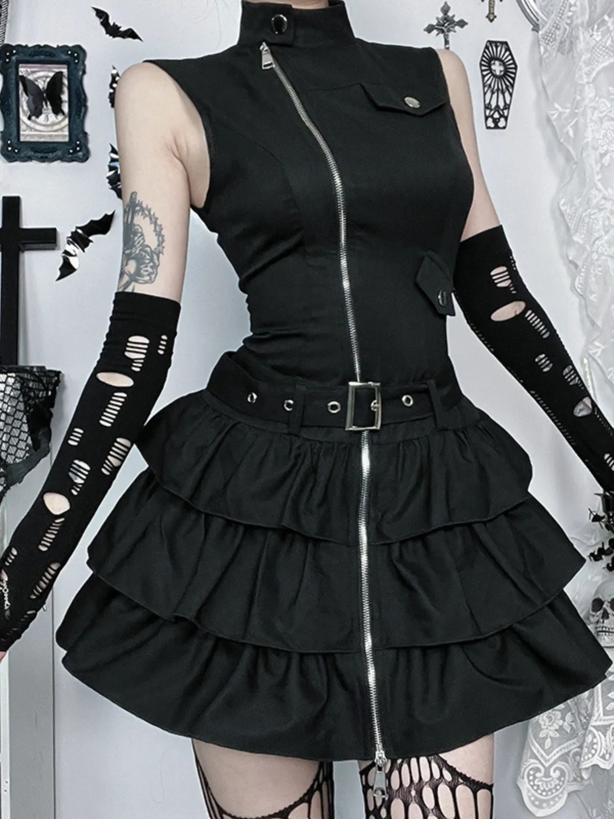 Black 1980s Steampunk Solid Zipper Belted Dress sold by Retro Stage