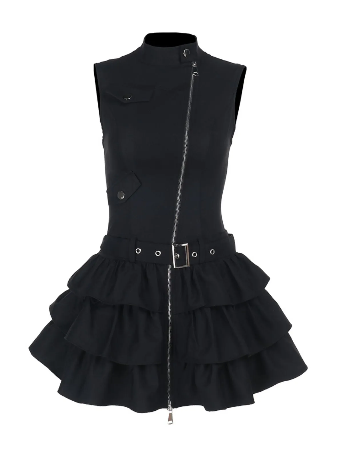 Black 1980s Steampunk Solid Zipper Belted Dress sold by Retro Stage product image thumbnail 2