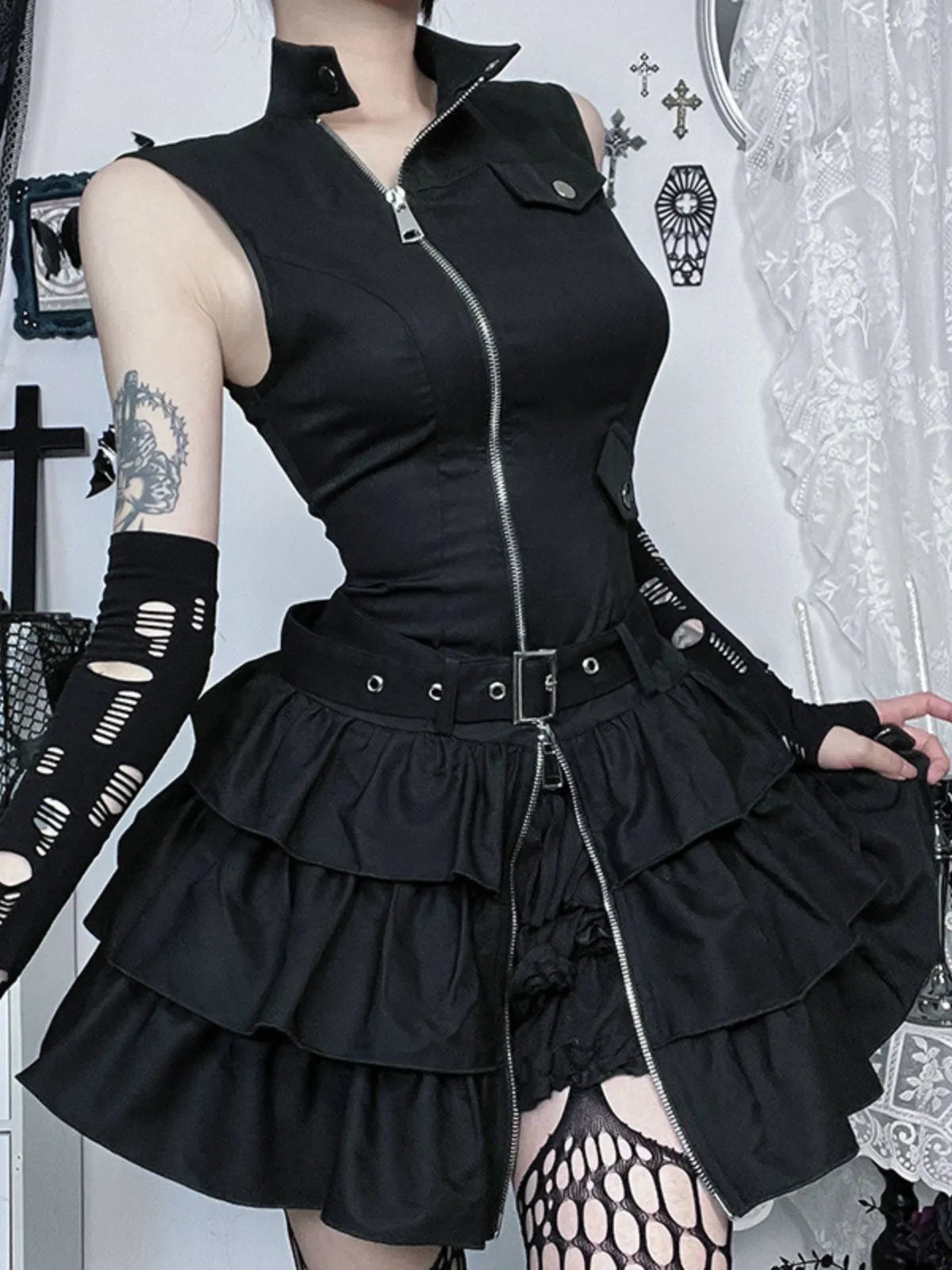 Black 1980s Steampunk Solid Zipper Belted Dress sold by Retro Stage product image thumbnail 5