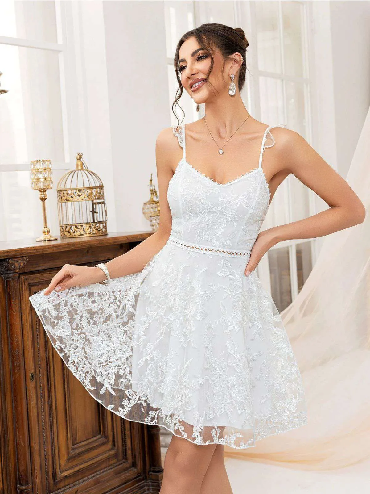 1950s Solid Embroidered Mesh Tie Back Dress sold by Retro Stage product image thumbnail 5