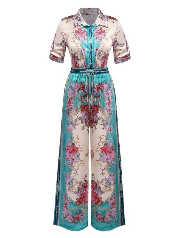 Green 1930s Symmetrical Floral Shirt Collar Jumpsuit sold by Retro Stage