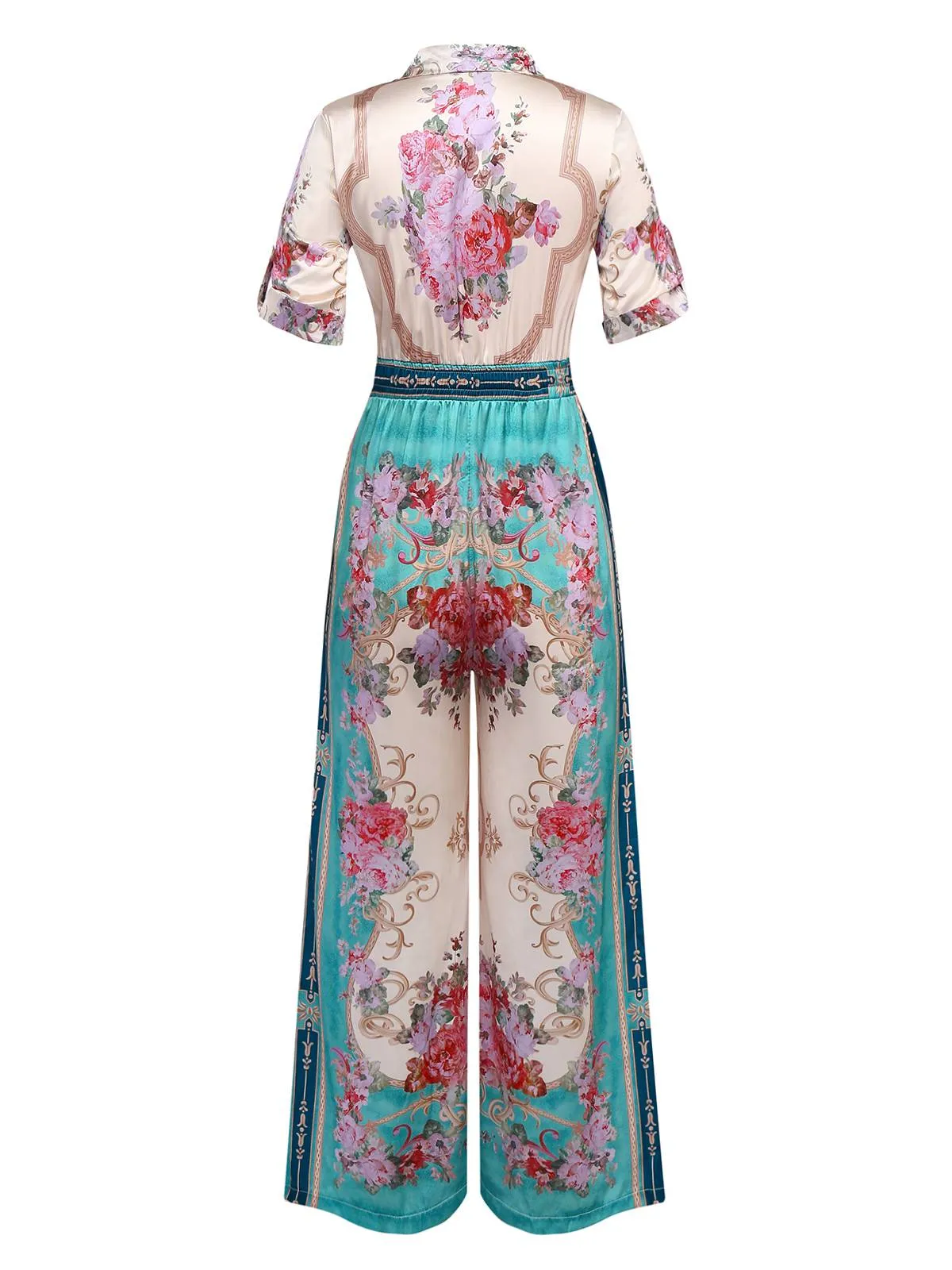 Green 1930s Symmetrical Floral Shirt Collar Jumpsuit sold by Retro Stage product image thumbnail 2