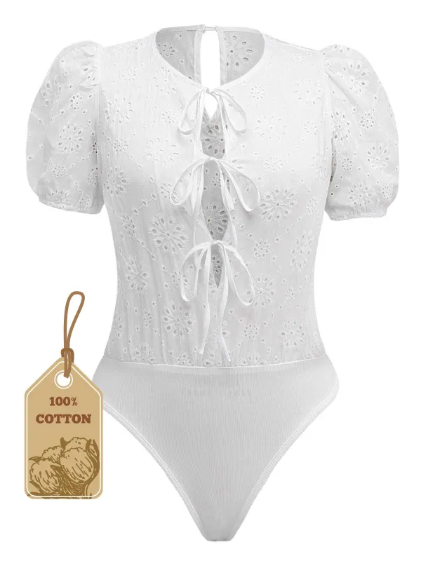 White 1950s Pure Cotton Eyelet Puff Sleeve Top sold by Retro Stage