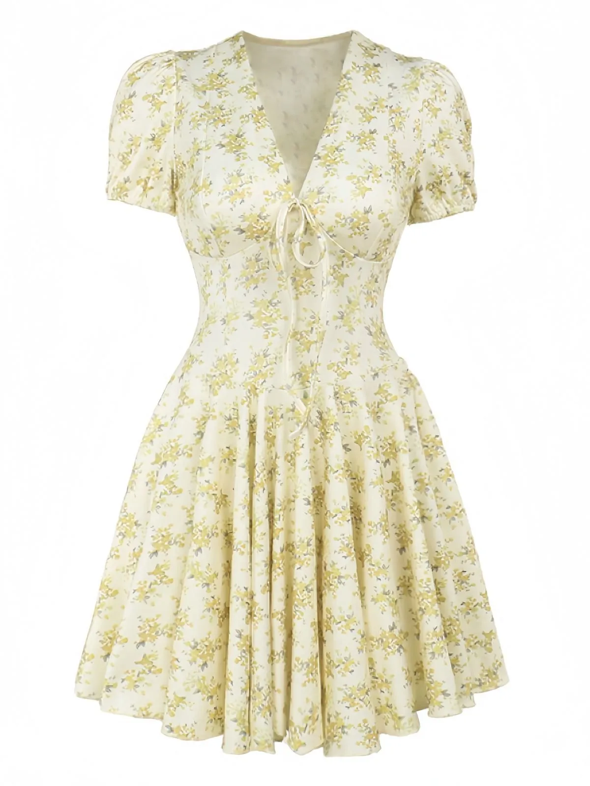 Yellow 1960s Floral Puff Sleeves V-Neck Dress sold by Retro Stage