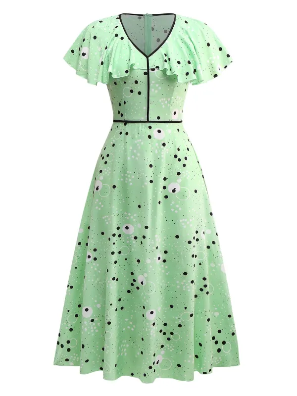 1940s Irregular Dots V-Neck Ruffled Dress sold by Retro Stage