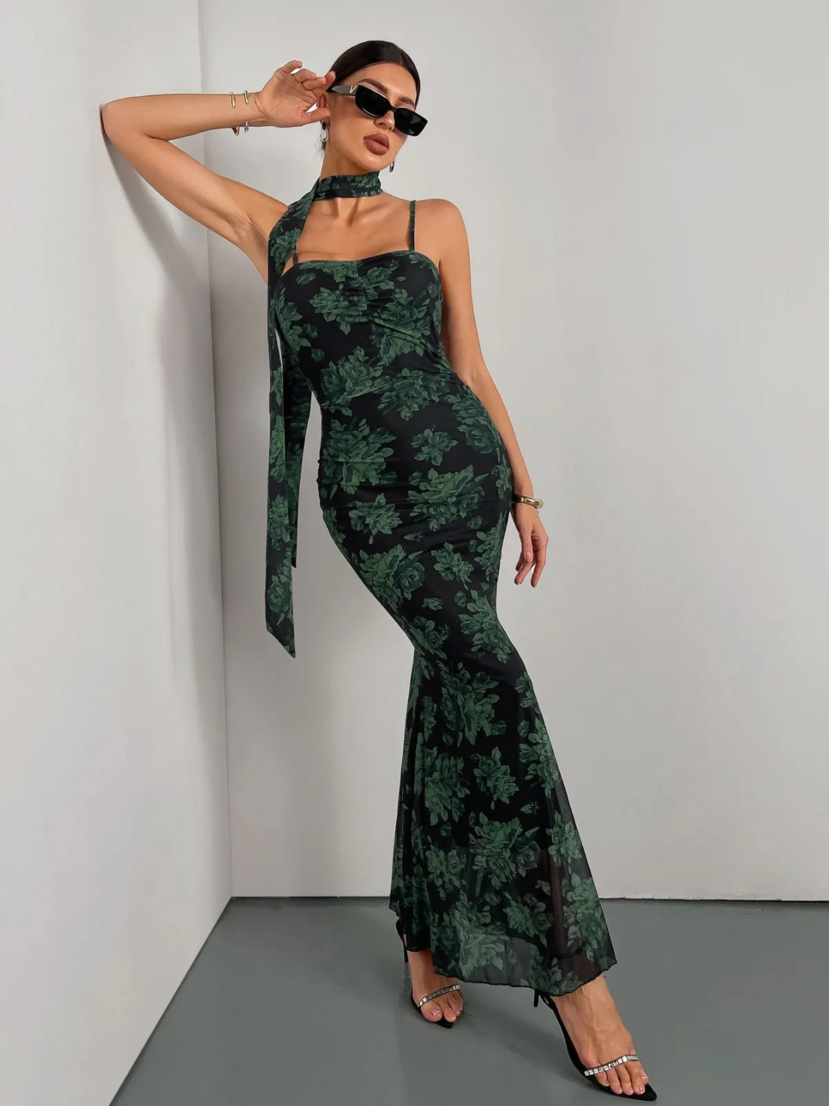 Green 1930s Floral Suspender Fishtail Dress sold by Retro Stage