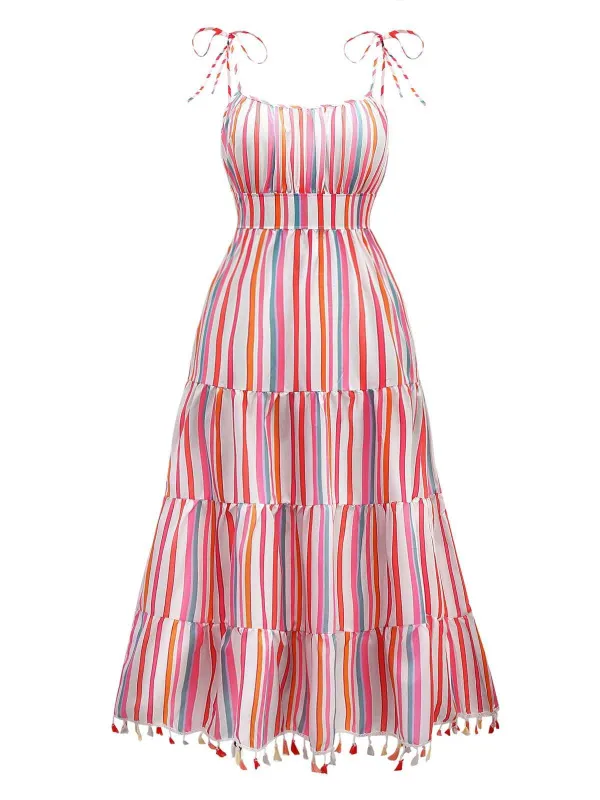 1970s Spaghetti Strap Rainbow Stripes Tiered Dress sold by Retro Stage