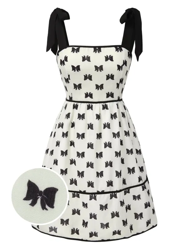 Cream 1950s Bow Tie-Up Straps Smocked Dress sold by Retro Stage