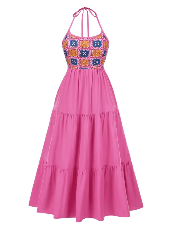 Rose Red 1970s Halter Plaids Floral Dress sold by Retro Stage