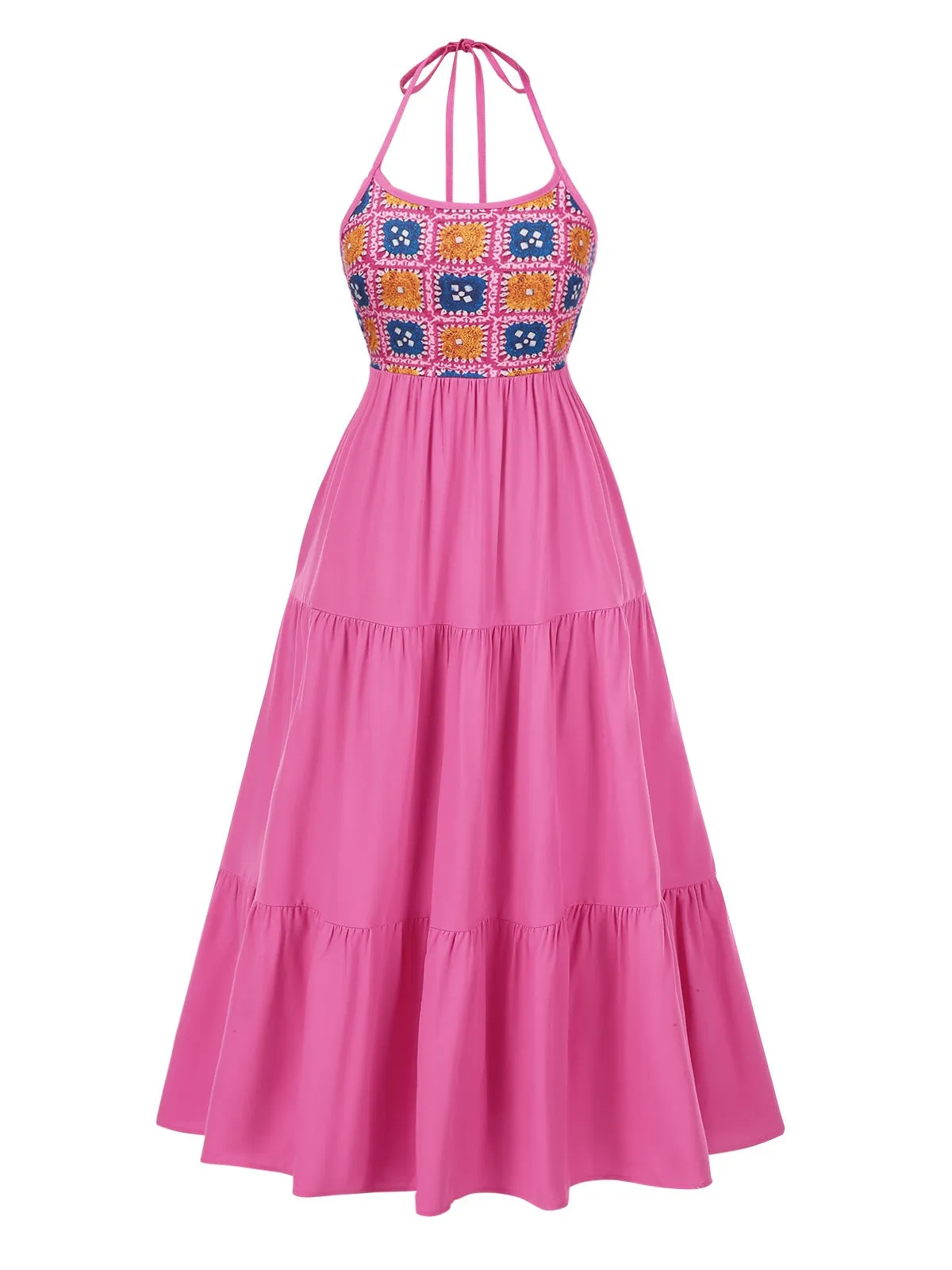 Rose Red 1970s Halter Plaids Floral Dress sold by Retro Stage