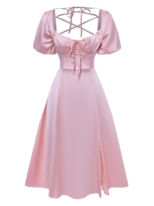 Pink 1940s Solid Puff Sleeve Tie Back Dress sold by Retro Stage