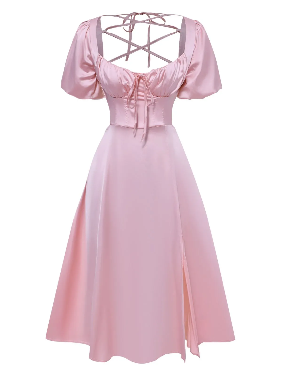 Pink 1940s Solid Puff Sleeve Tie Back Dress sold by Retro Stage