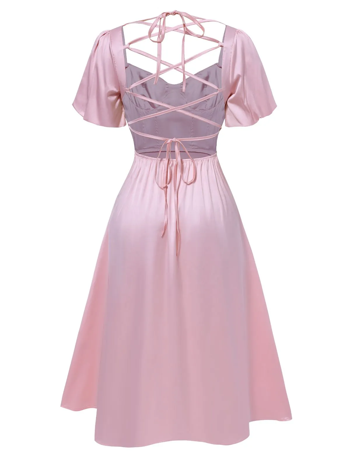 Pink 1940s Solid Puff Sleeve Tie Back Dress sold by Retro Stage product image thumbnail 2